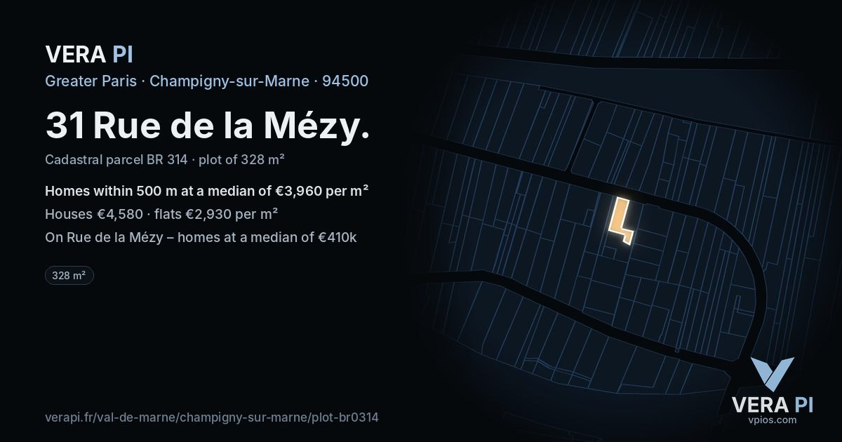 31 Rue de la Mézy, Champigny-sur-Marne at night – the plot lit, the parcels around coloured by the prices near them