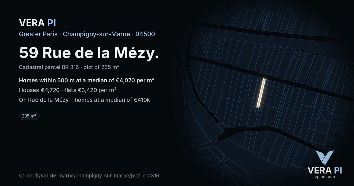 59 Rue de la Mézy, Champigny-sur-Marne at night – the plot lit, the parcels around coloured by the prices near them