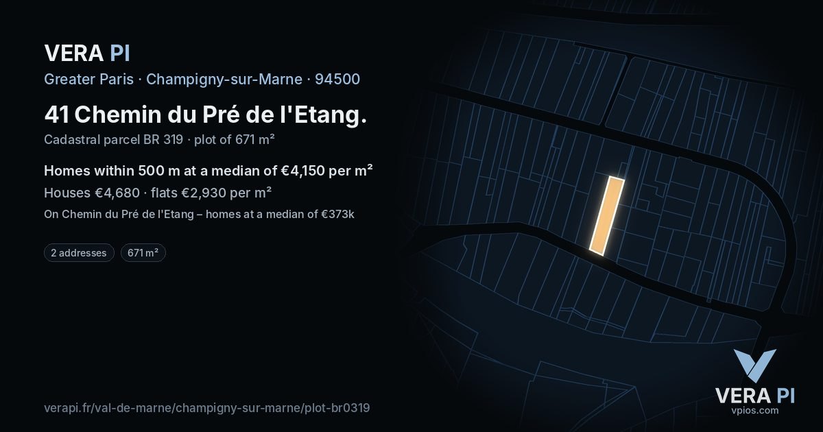 41 Chemin du Pré de l'Etang, Champigny-sur-Marne at night – the plot lit, the parcels around coloured by the prices near them