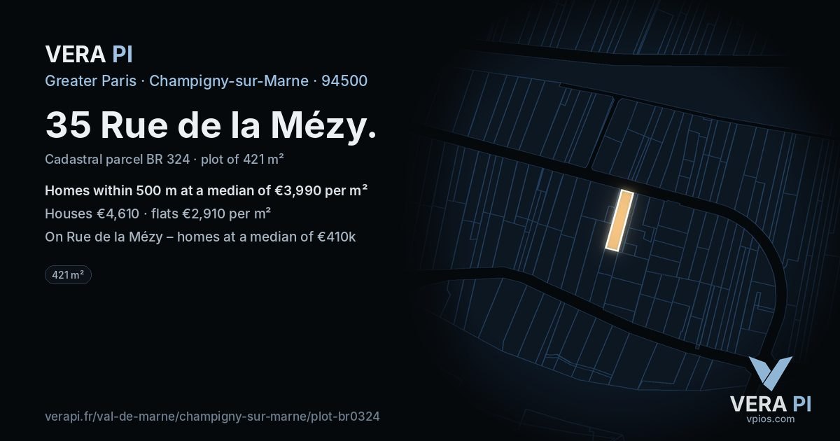 35 Rue de la Mézy, Champigny-sur-Marne at night – the plot lit, the parcels around coloured by the prices near them