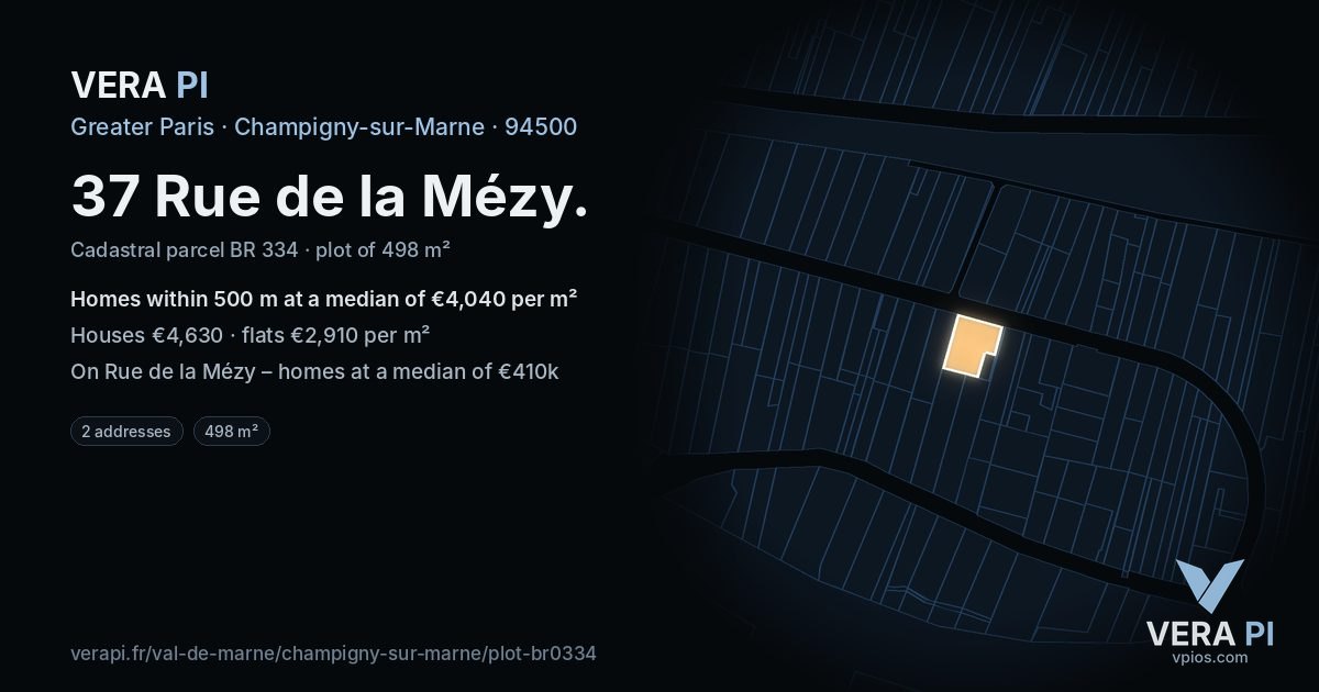 37 Rue de la Mézy, Champigny-sur-Marne at night – the plot lit, the parcels around coloured by the prices near them