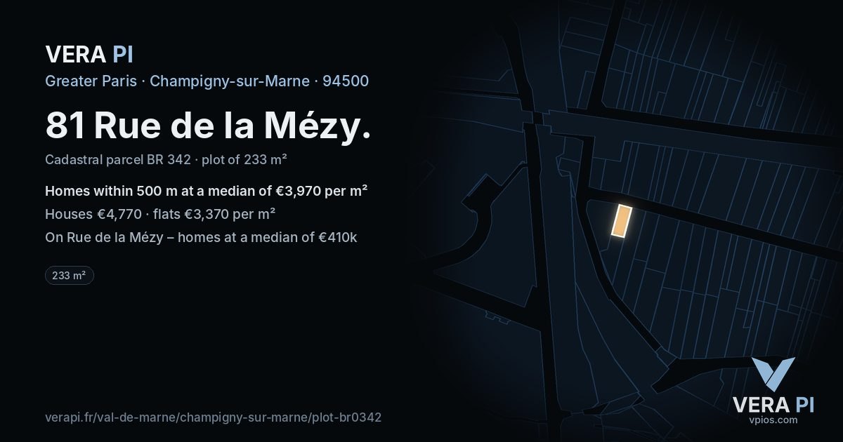 81 Rue de la Mézy, Champigny-sur-Marne at night – the plot lit, the parcels around coloured by the prices near them