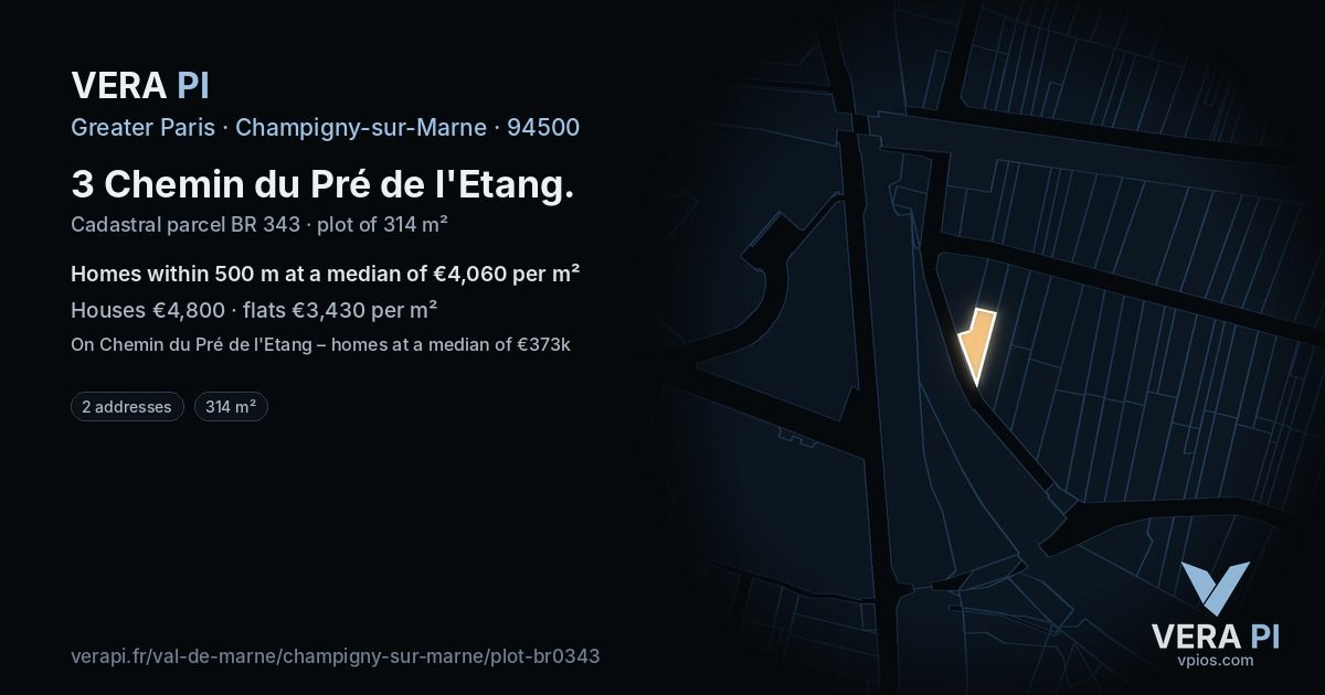 3 Chemin du Pré de l'Etang, Champigny-sur-Marne at night – the plot lit, the parcels around coloured by the prices near them