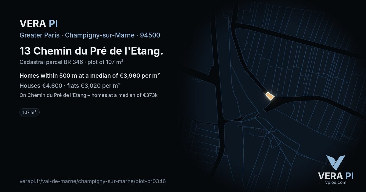 13 Chemin du Pré de l'Etang, Champigny-sur-Marne at night – the plot lit, the parcels around coloured by the prices near them