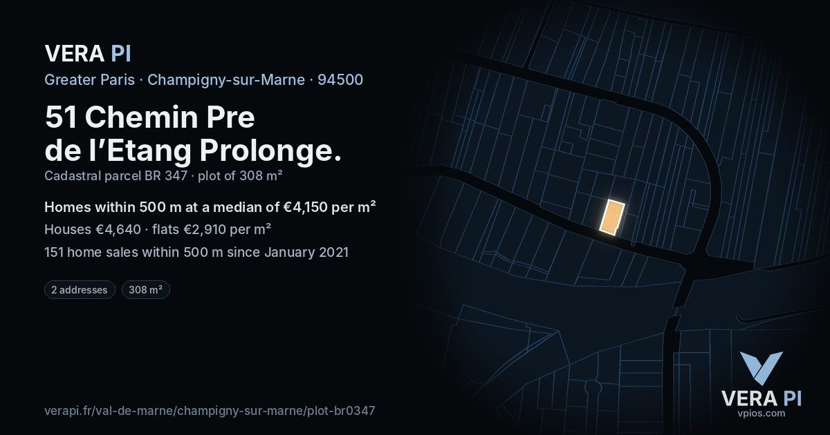 51 Chemin Pre de l’Etang Prolonge, Champigny-sur-Marne at night – the plot lit, the parcels around coloured by the prices near them