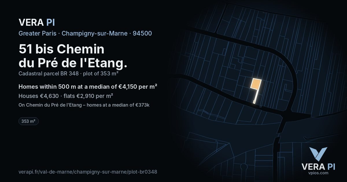 51 bis Chemin du Pré de l'Etang, Champigny-sur-Marne at night – the plot lit, the parcels around coloured by the prices near them