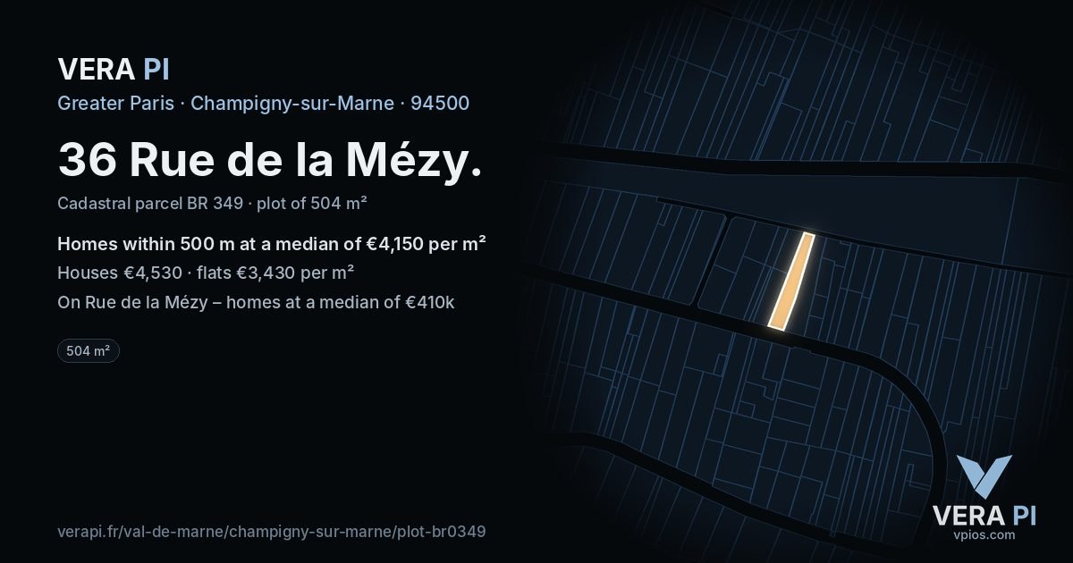 36 Rue de la Mézy, Champigny-sur-Marne at night – the plot lit, the parcels around coloured by the prices near them