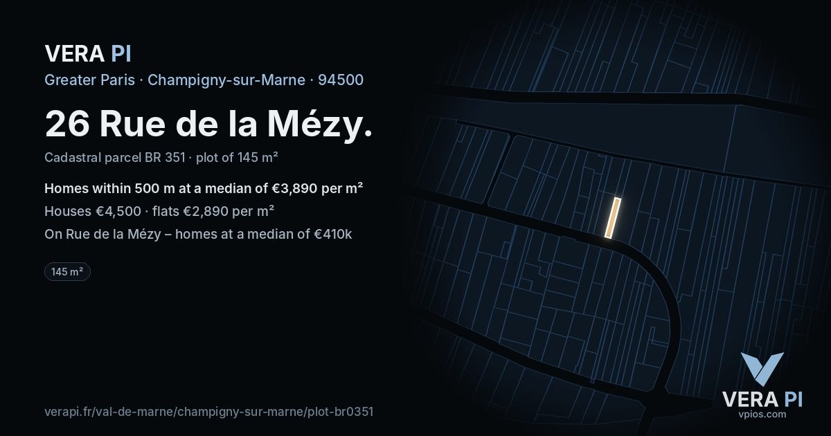 26 Rue de la Mézy, Champigny-sur-Marne at night – the plot lit, the parcels around coloured by the prices near them