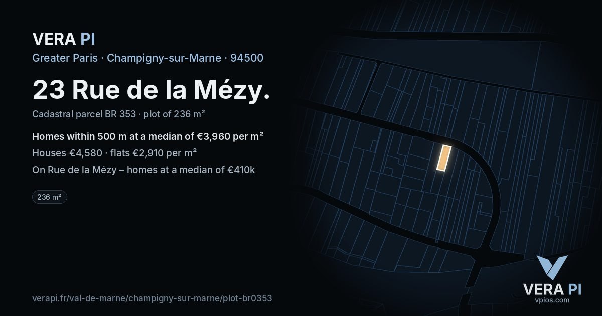 23 Rue de la Mézy, Champigny-sur-Marne at night – the plot lit, the parcels around coloured by the prices near them