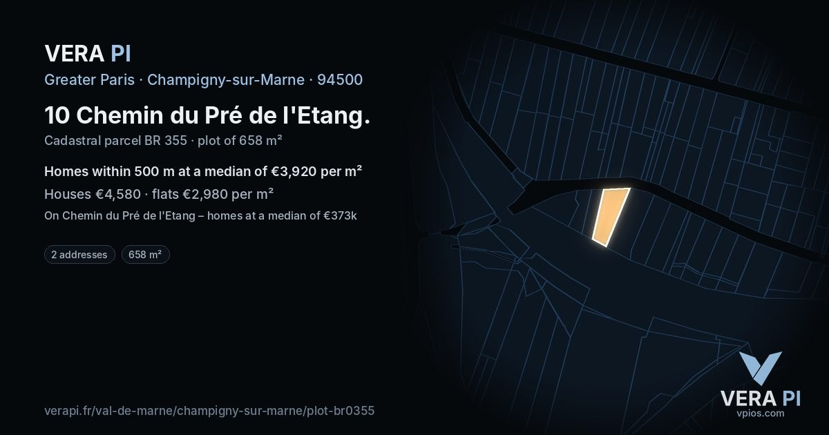 10 Chemin du Pré de l'Etang, Champigny-sur-Marne at night – the plot lit, the parcels around coloured by the prices near them