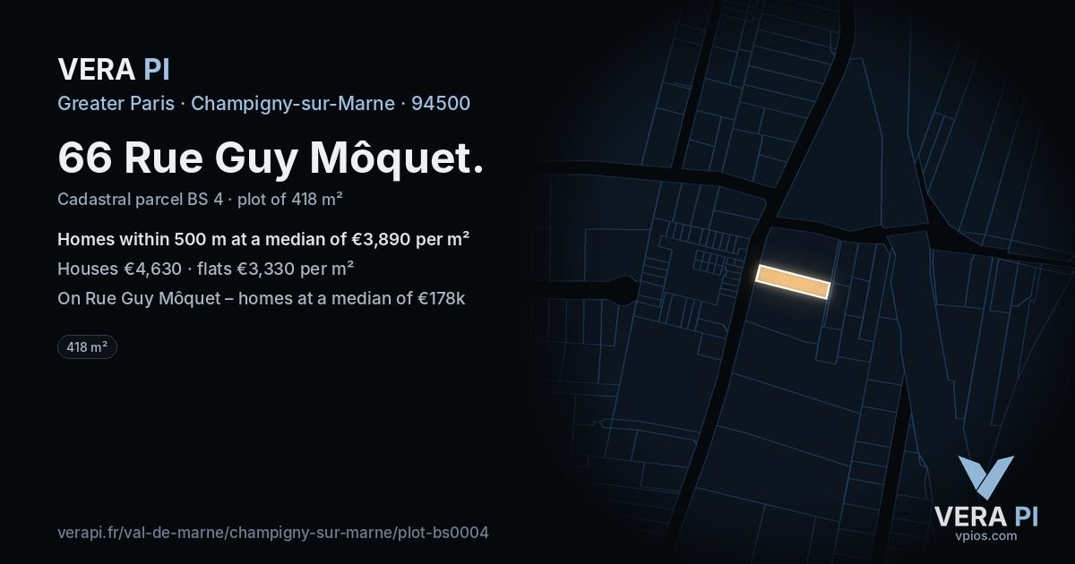 66 Rue Guy Môquet, Champigny-sur-Marne at night – the plot lit, the parcels around coloured by the prices near them