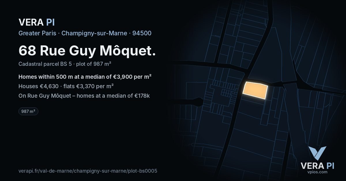 68 Rue Guy Môquet, Champigny-sur-Marne at night – the plot lit, the parcels around coloured by the prices near them