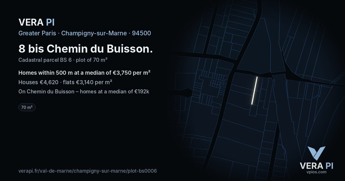 8 bis Chemin du Buisson, Champigny-sur-Marne at night – the plot lit, the parcels around coloured by the prices near them