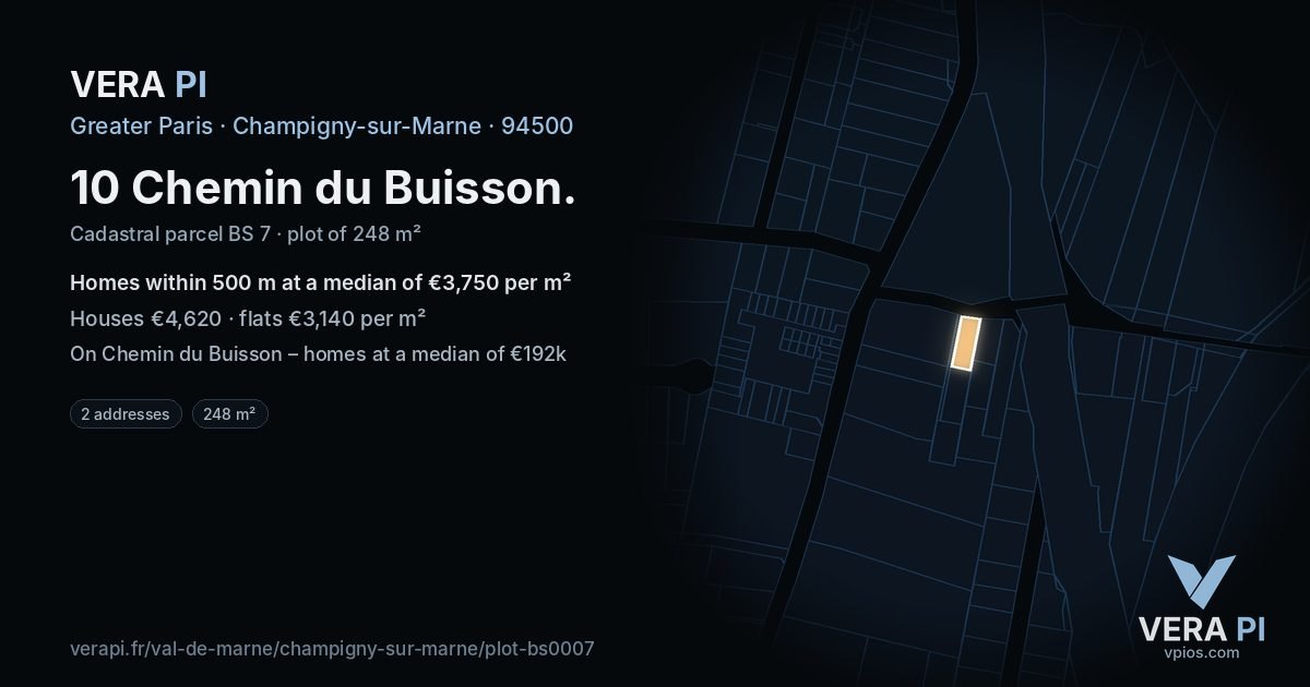 10 Chemin du Buisson, Champigny-sur-Marne at night – the plot lit, the parcels around coloured by the prices near them