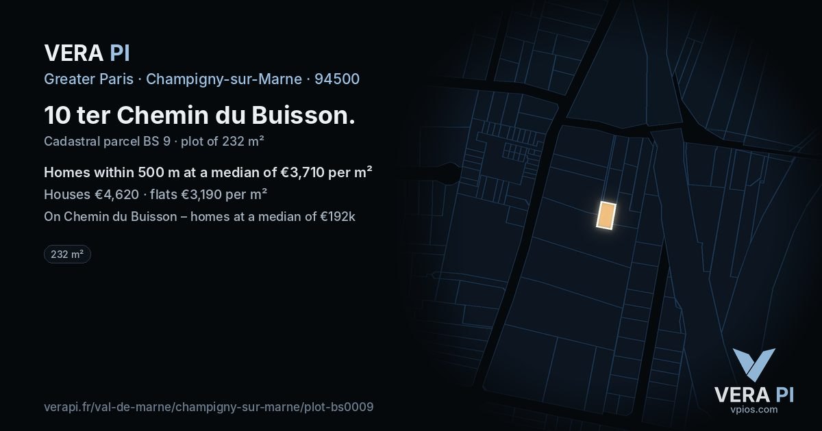 10 ter Chemin du Buisson, Champigny-sur-Marne at night – the plot lit, the parcels around coloured by the prices near them