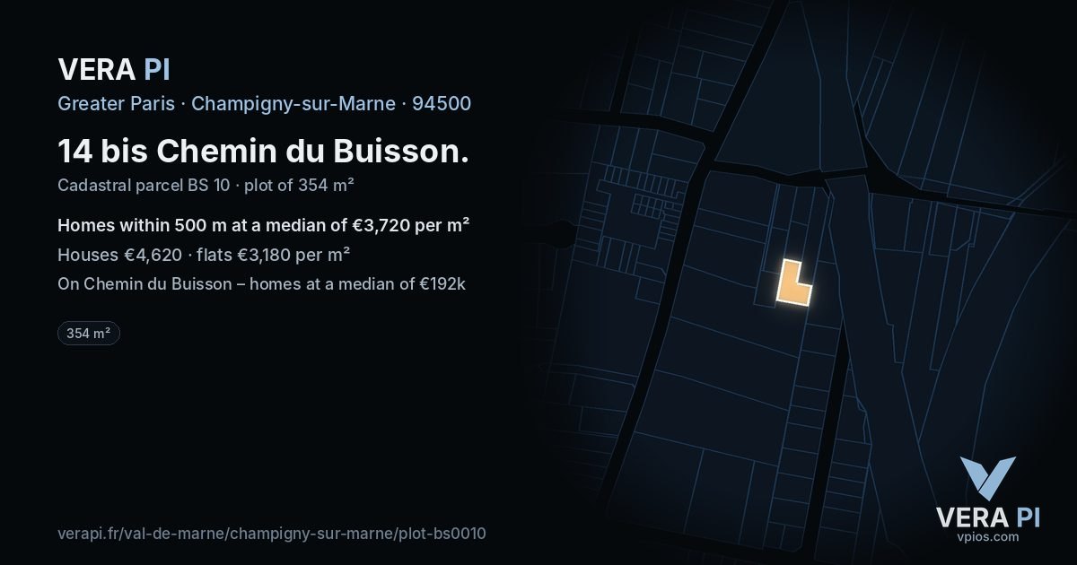 14 bis Chemin du Buisson, Champigny-sur-Marne at night – the plot lit, the parcels around coloured by the prices near them