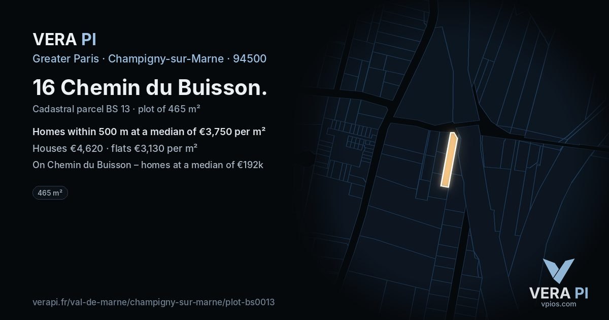 16 Chemin du Buisson, Champigny-sur-Marne at night – the plot lit, the parcels around coloured by the prices near them