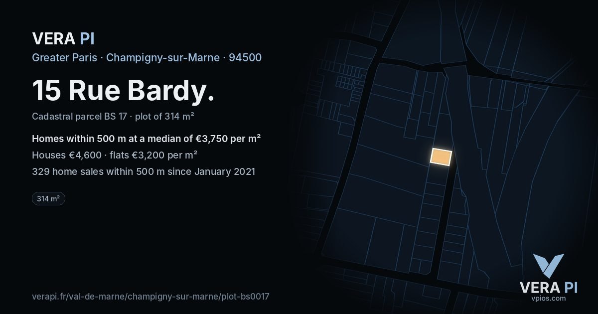 15 Rue Bardy, Champigny-sur-Marne at night – the plot lit, the parcels around coloured by the prices near them
