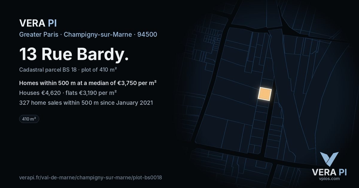 13 Rue Bardy, Champigny-sur-Marne at night – the plot lit, the parcels around coloured by the prices near them