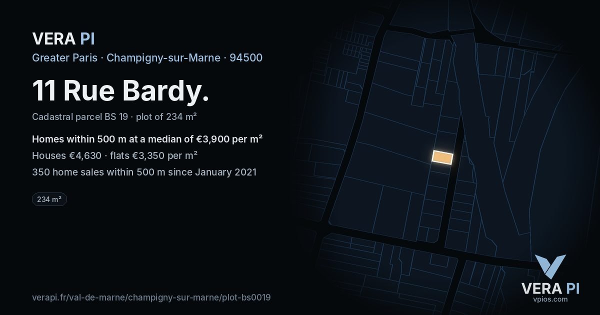11 Rue Bardy, Champigny-sur-Marne at night – the plot lit, the parcels around coloured by the prices near them