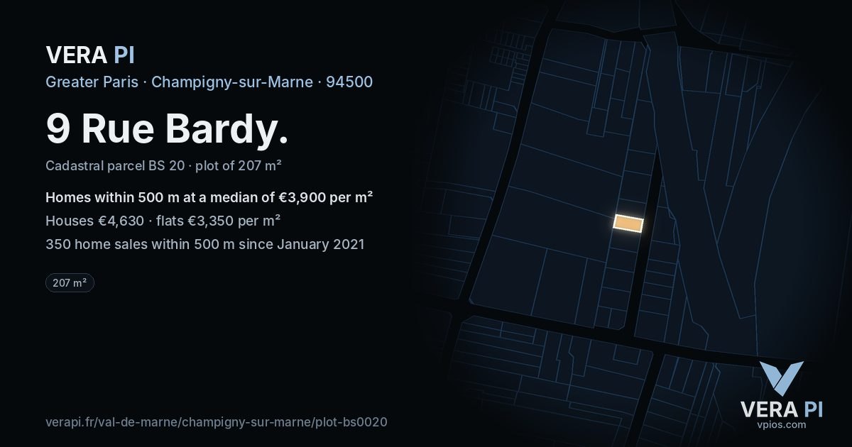 9 Rue Bardy, Champigny-sur-Marne at night – the plot lit, the parcels around coloured by the prices near them