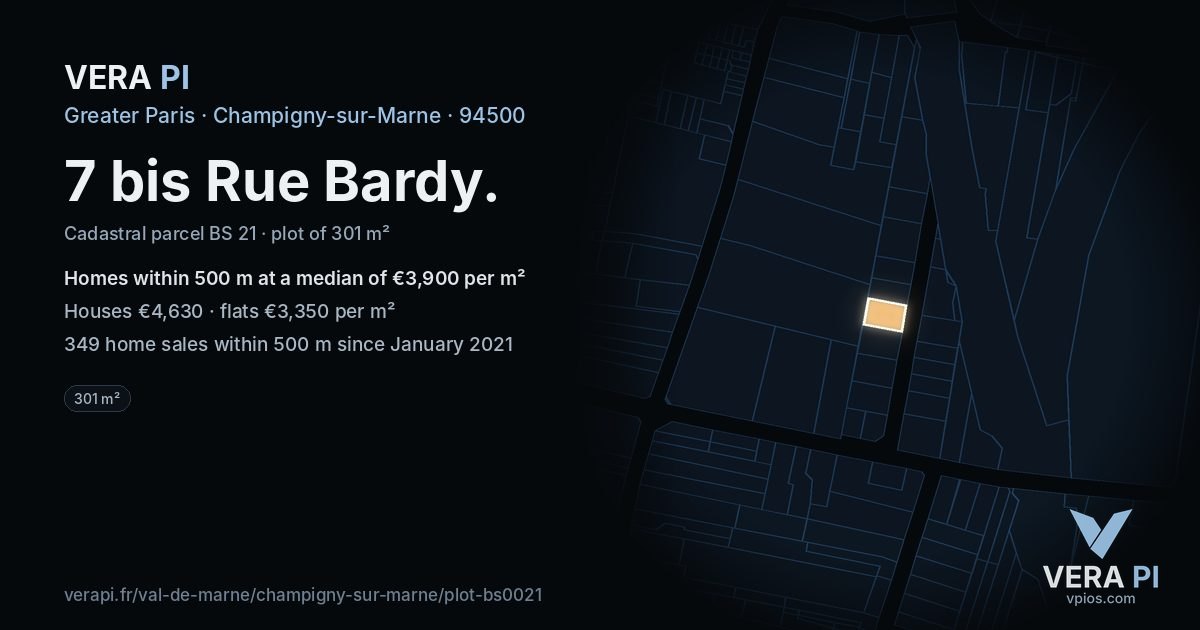 7 bis Rue Bardy, Champigny-sur-Marne at night – the plot lit, the parcels around coloured by the prices near them