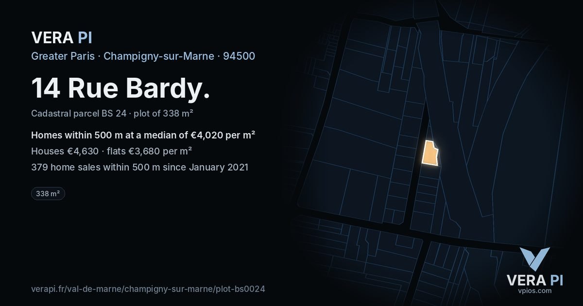 14 Rue Bardy, Champigny-sur-Marne at night – the plot lit, the parcels around coloured by the prices near them
