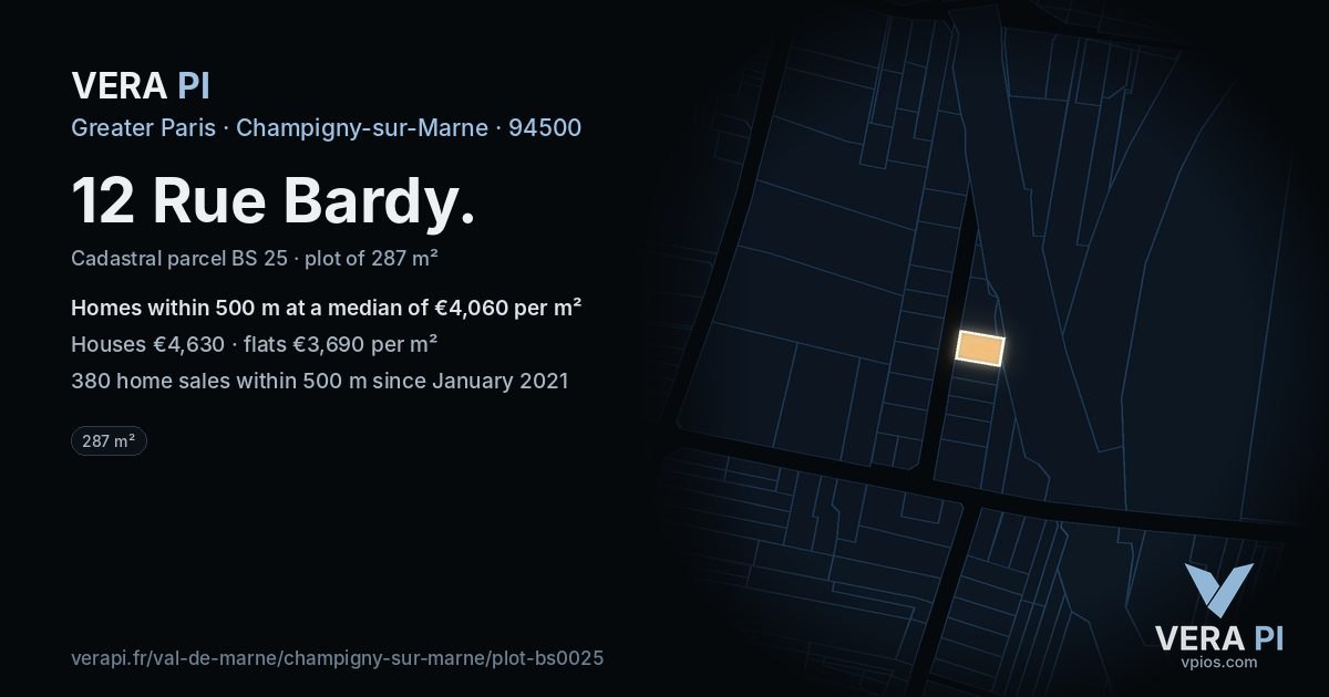 12 Rue Bardy, Champigny-sur-Marne at night – the plot lit, the parcels around coloured by the prices near them