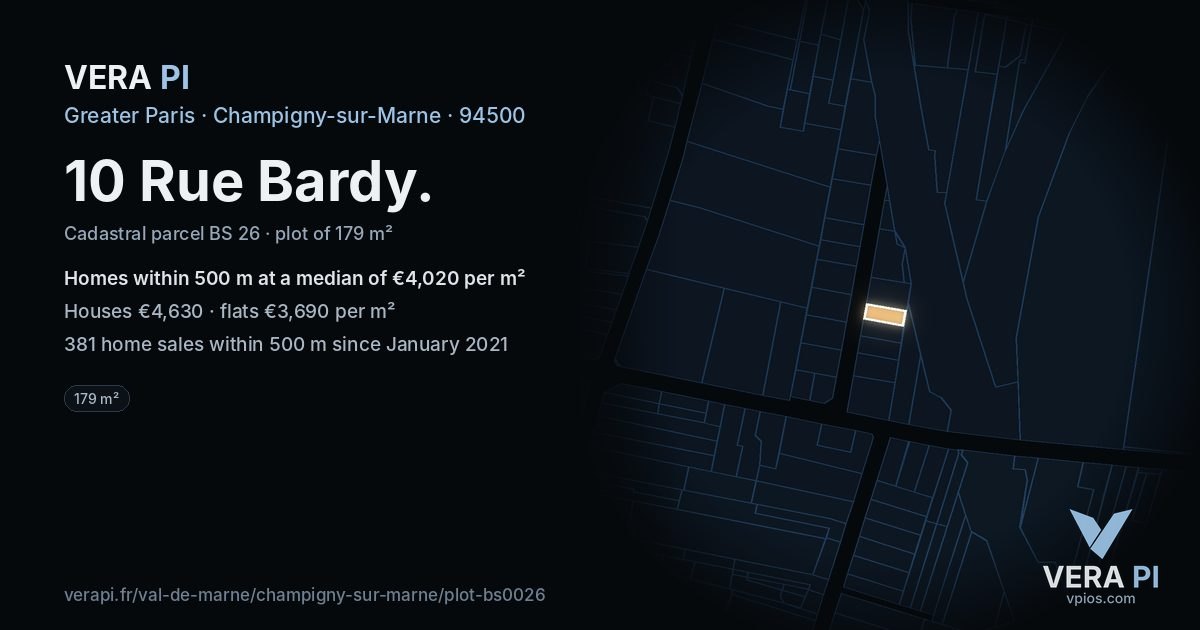 10 Rue Bardy, Champigny-sur-Marne at night – the plot lit, the parcels around coloured by the prices near them