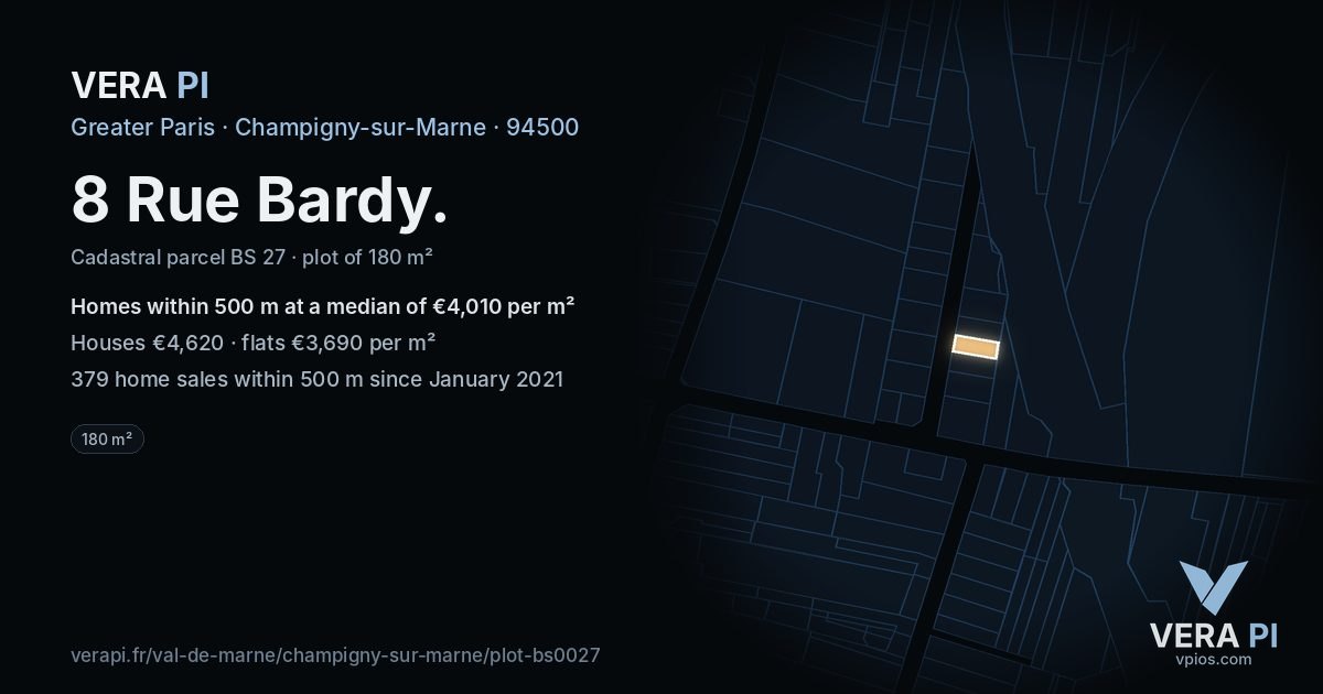 8 Rue Bardy, Champigny-sur-Marne at night – the plot lit, the parcels around coloured by the prices near them