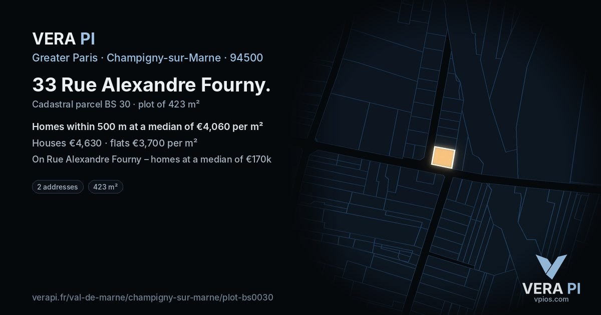 33 Rue Alexandre Fourny, Champigny-sur-Marne at night – the plot lit, the parcels around coloured by the prices near them