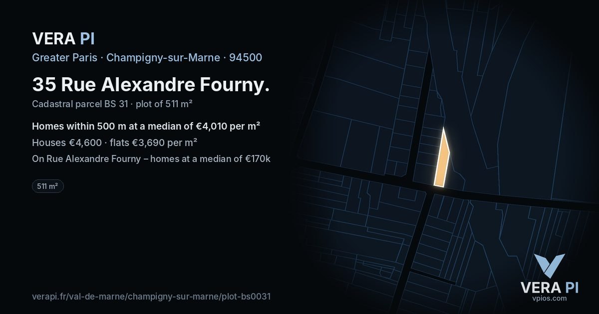 35 Rue Alexandre Fourny, Champigny-sur-Marne at night – the plot lit, the parcels around coloured by the prices near them