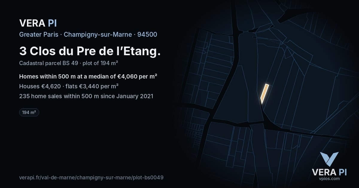 3 Clos du Pre de l’Etang, Champigny-sur-Marne at night – the plot lit, the parcels around coloured by the prices near them