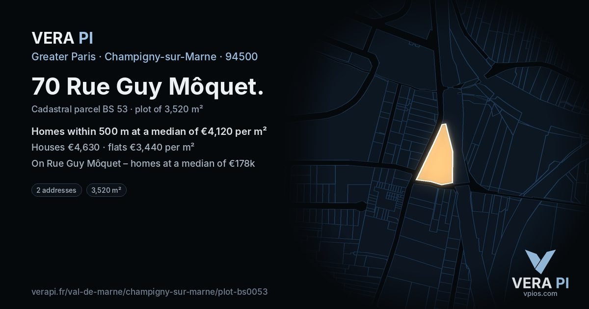 70 Rue Guy Môquet, Champigny-sur-Marne at night – the plot lit, the parcels around coloured by the prices near them