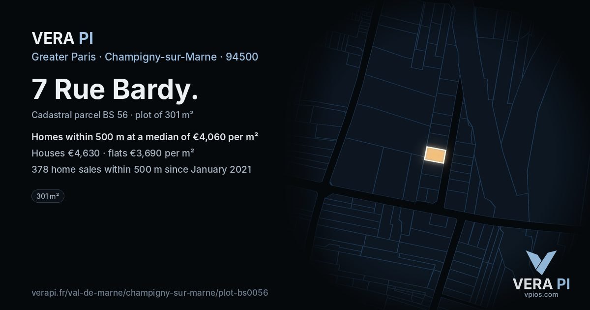 7 Rue Bardy, Champigny-sur-Marne at night – the plot lit, the parcels around coloured by the prices near them