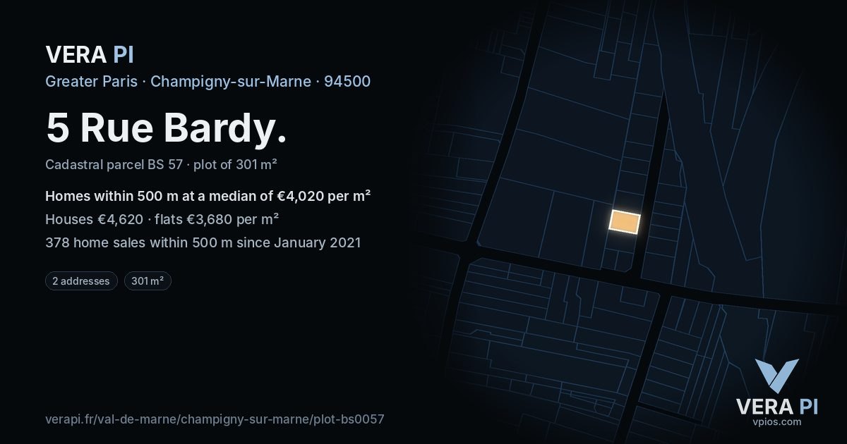 5 Rue Bardy, Champigny-sur-Marne at night – the plot lit, the parcels around coloured by the prices near them
