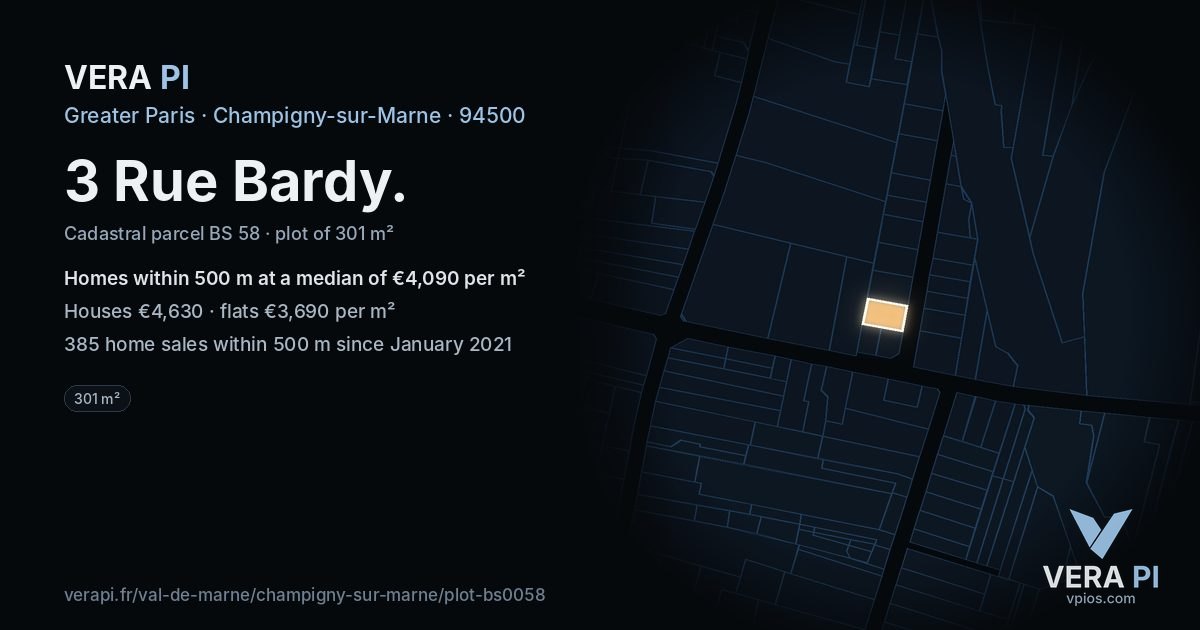 3 Rue Bardy, Champigny-sur-Marne at night – the plot lit, the parcels around coloured by the prices near them