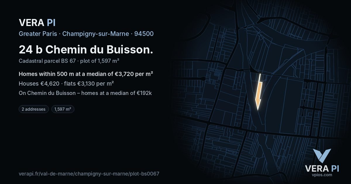 24 b Chemin du Buisson, Champigny-sur-Marne at night – the plot lit, the parcels around coloured by the prices near them