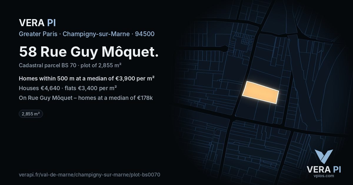 58 Rue Guy Môquet, Champigny-sur-Marne at night – the plot lit, the parcels around coloured by the prices near them