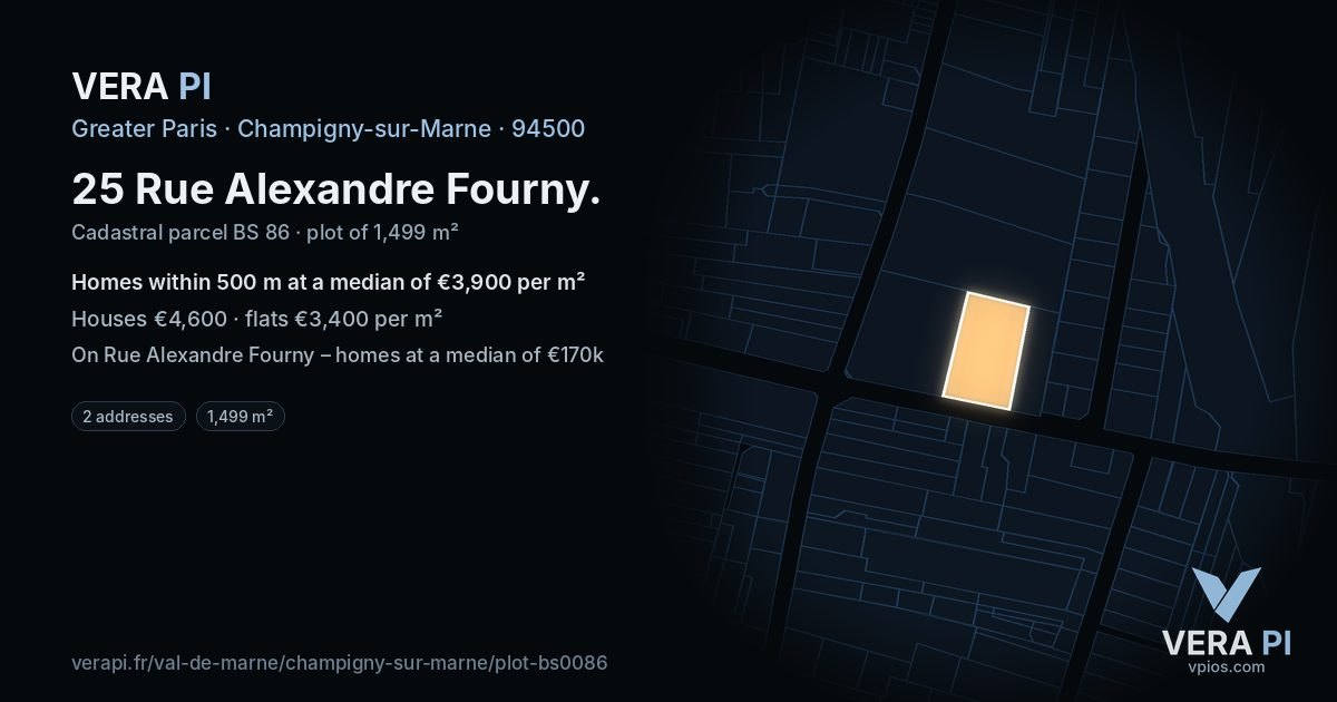 25 Rue Alexandre Fourny, Champigny-sur-Marne at night – the plot lit, the parcels around coloured by the prices near them