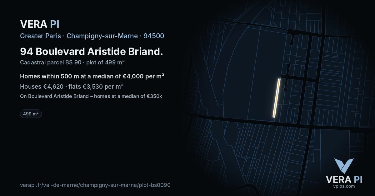 94 Boulevard Aristide Briand, Champigny-sur-Marne at night – the plot lit, the parcels around coloured by the prices near them