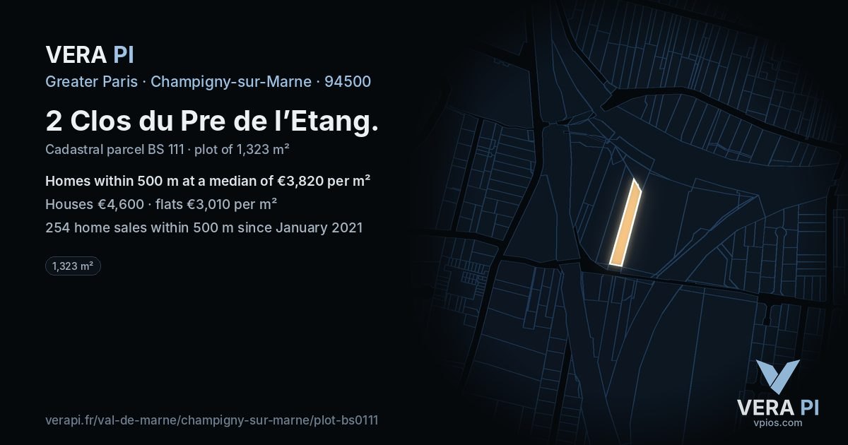 2 Clos du Pre de l’Etang, Champigny-sur-Marne at night – the plot lit, the parcels around coloured by the prices near them