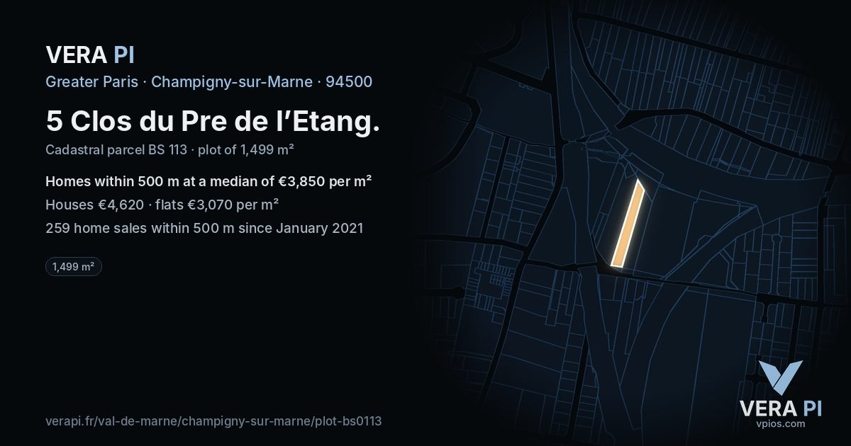 5 Clos du Pre de l’Etang, Champigny-sur-Marne at night – the plot lit, the parcels around coloured by the prices near them