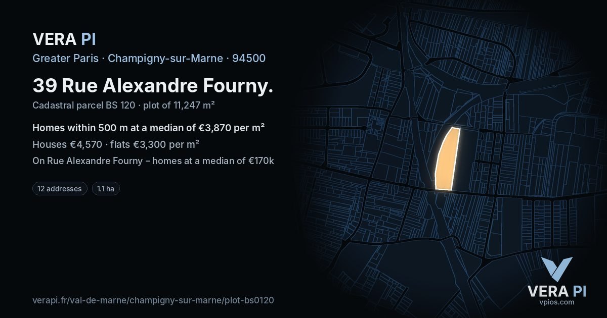 39 Rue Alexandre Fourny, Champigny-sur-Marne at night – the plot lit, the parcels around coloured by the prices near them