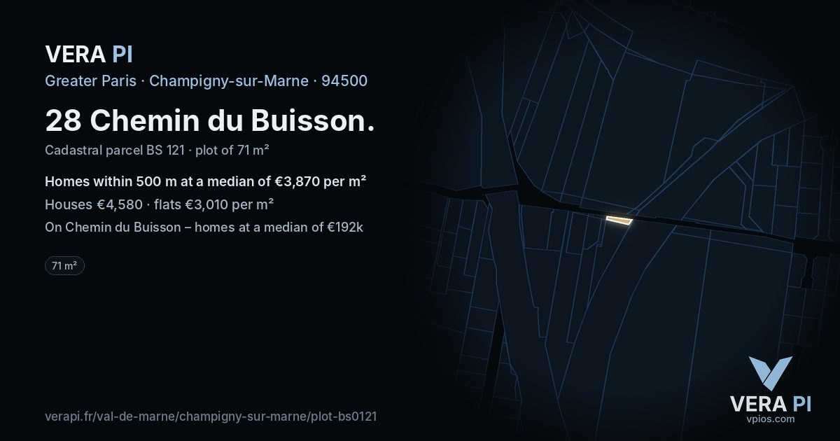 28 Chemin du Buisson, Champigny-sur-Marne at night – the plot lit, the parcels around coloured by the prices near them
