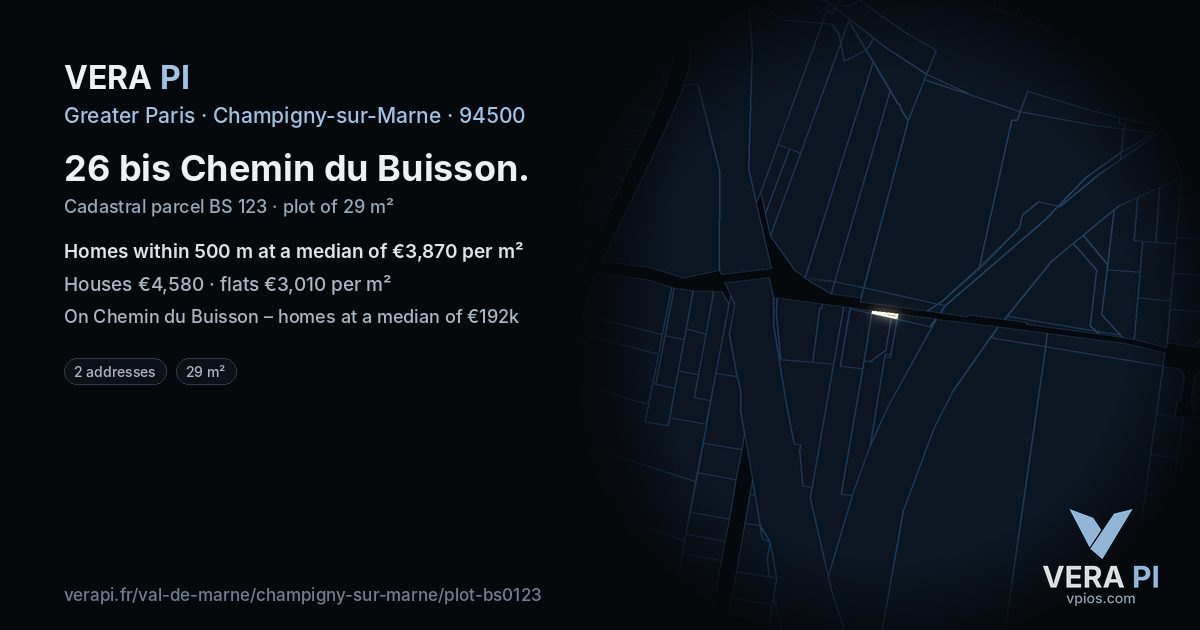 26 bis Chemin du Buisson, Champigny-sur-Marne at night – the plot lit, the parcels around coloured by the prices near them
