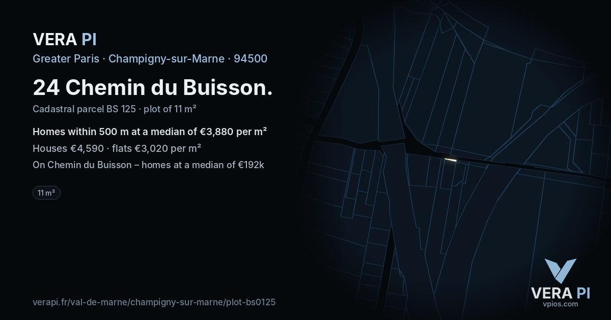 24 Chemin du Buisson, Champigny-sur-Marne at night – the plot lit, the parcels around coloured by the prices near them