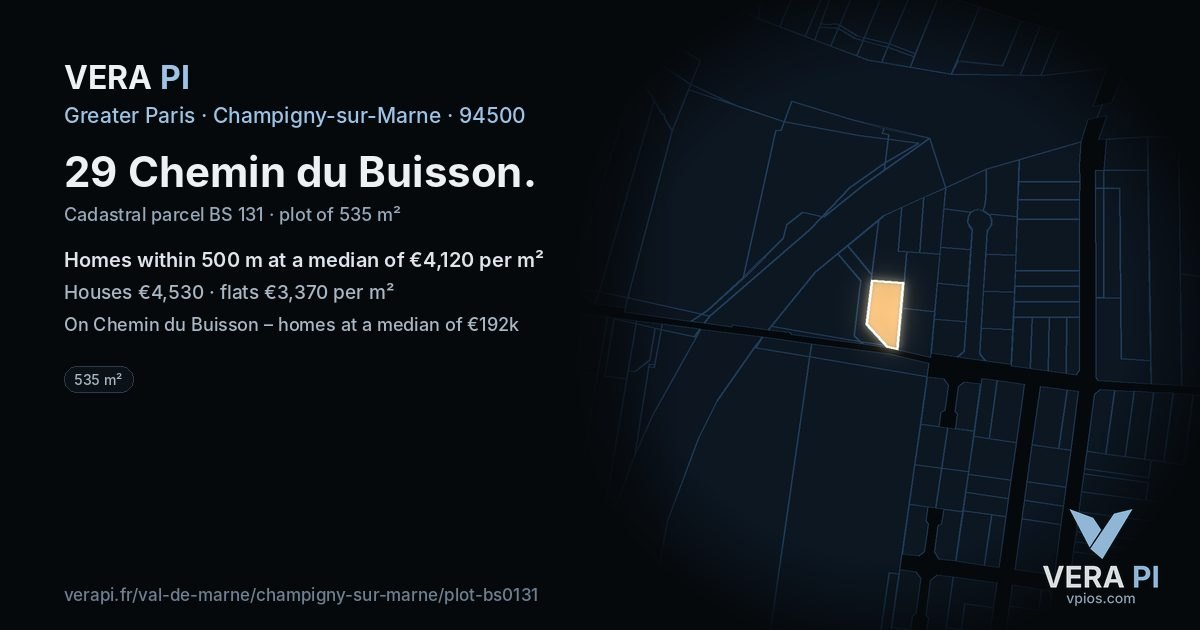 29 Chemin du Buisson, Champigny-sur-Marne at night – the plot lit, the parcels around coloured by the prices near them