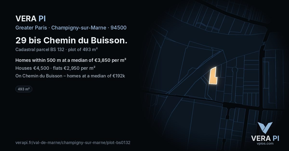 29 bis Chemin du Buisson, Champigny-sur-Marne at night – the plot lit, the parcels around coloured by the prices near them