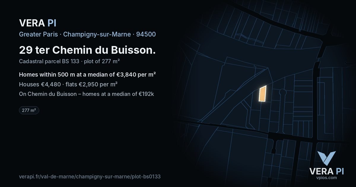 29 ter Chemin du Buisson, Champigny-sur-Marne at night – the plot lit, the parcels around coloured by the prices near them